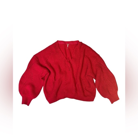 Free People All Day Long Red Chunky Knit V Neck Slouchy Women’s Sweater Cable - Picture 5 of 11